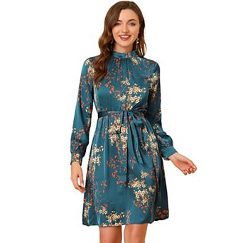 Women's Floral Flare Tie Waist Smock Neck Long Sleeves Dress
