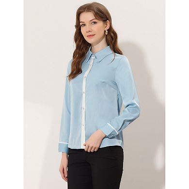 Women's Elegant Contrast Trim Office Button Down Satin Shirt