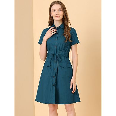 Women's Fit and Flare Collar Pocket Elastic Waist Mini Dress