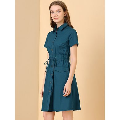 Women's Fit and Flare Collar Pocket Elastic Waist Mini Dress