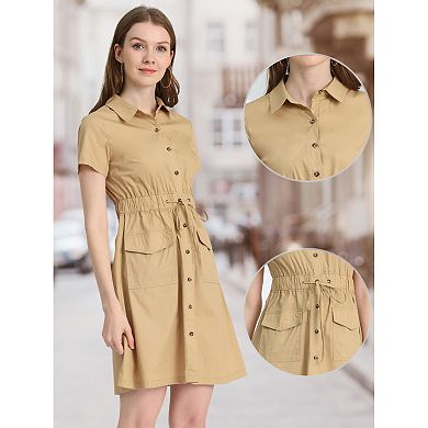 Women's Fit and Flare Collar Pocket Elastic Waist Mini Dress