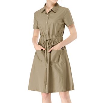 Women's Fit and Flare Collar Pocket Elastic Waist Mini Dress