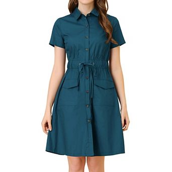 Women's Fit and Flare Collar Pocket Elastic Waist Mini Dress