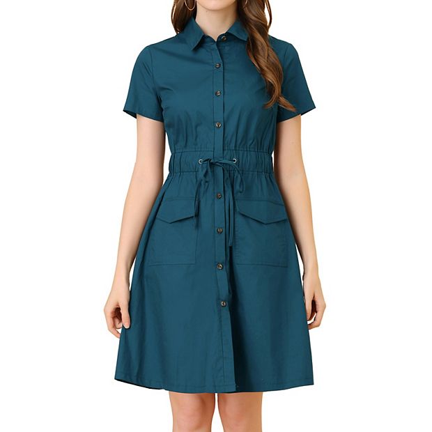 green emerald velvet dress Allegra K Women's Chambray Dress Puff Short Sleeve Flared Button Front Shirt  Dresses Small Dark Grey at Amazon Women's Clothing store