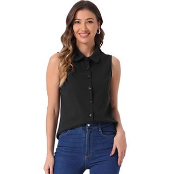 Women's Casual Tank Top Sleeveless Peter Pan Collar Chambray Shirt