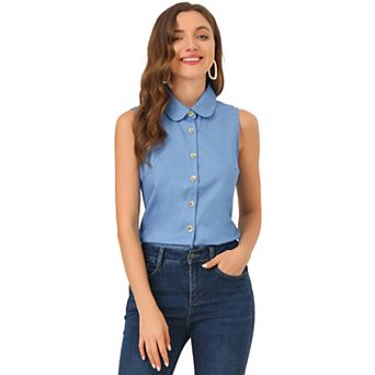 Women's Casual Tank Top Sleeveless Peter Pan Collar Chambray Shirt