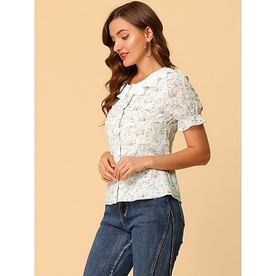 Women's Ruffle Round Neck Floral Embroidered Button-down Shirt Top