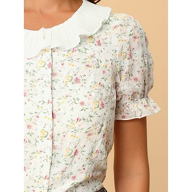 Women's Ruffle Round Neck Floral Embroidered Button-down Shirt Top
