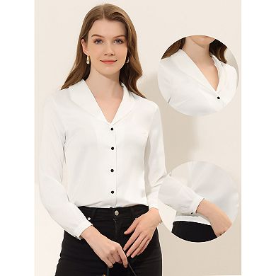 Women's Elegant Workwear Turndown Collar Button Front Long Sleeve Satin ...