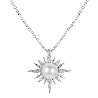 PearLustre by Imperial Sterling Silver Freshwater Cultured Pearl & Lab-Created White Sapphire Celestial Pendant Necklace