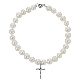 PearLustre by Imperial Sterling Silver Freshwater Cultured Pearl & Cross Charm Bracelet