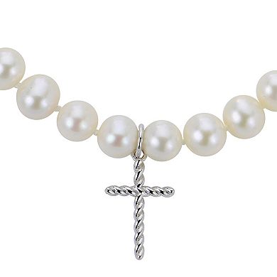 PearLustre by Imperial Sterling Silver Freshwater Cultured Pearl & Cross Charm Bracelet
