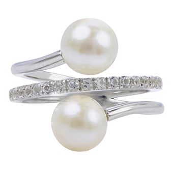 PearLustre by Imperial Sterling Silver Double Freshwater Cultured Pearl & Lab-Created White Sapphire Ring