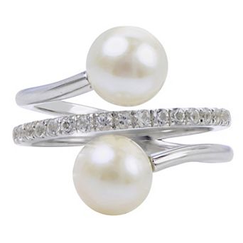 PearLustre by Imperial Sterling Silver Double Freshwater Cultured Pearl & Lab-Created White Sapphire Ring