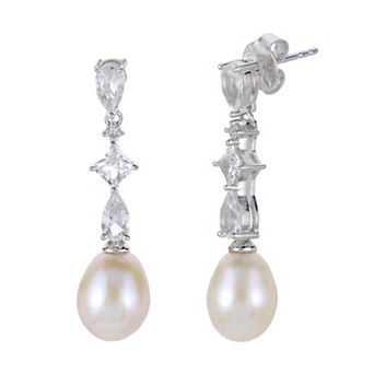 PearLustre by Imperial Sterling Silver Freshwater Cultured Pearl & Lab-Created White Sapphire Drop Earrings