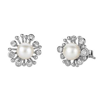 PearLustre by Imperial Sterling Silver Freshwater Cultured Pearl & Lab-Created White Sapphire Star Burst Earrings
