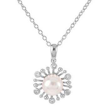 PearLustre by Imperial Sterling Silver Freshwater Cultured Pearl & Lab-Created White Sapphire Star Burst Pendant Necklace