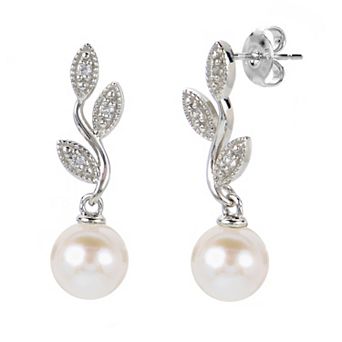 PearLustre by Imperial Sterling Silver Freshwater Cultured Pearl & Lab-Created White Sapphire Vintage Leaves Drop Earrings