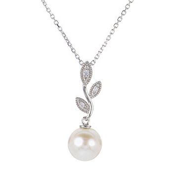 PearLustre by Imperial Sterling Silver Freshwater Cultured Pearl & Lab-Created White Sapphire Vintage Leaf Pendant Necklace