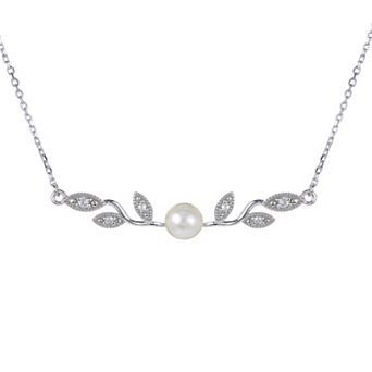 PearLustre by Imperial Sterling Silver Freshwater Cultured Pearl & Lab-Created White Sapphire Vintage Leaf Necklace