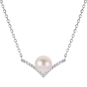 PearLustre by Imperial Sterling Silver Freshwater Cultured Pearl & Lab-Created White Sapphire V Necklace