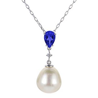 PearLustre by Imperial Sterling Silver Freshwater Cultured Pearl & Lab-Created Blue & White Sapphires Pendant Necklace