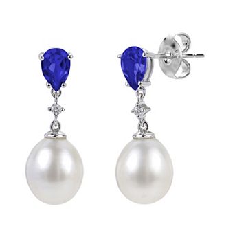 PearLustre by Imperial Sterling Silver Freshwater Cultured Pearl & Lab-Created Blue & White Sapphires Drop Earrings
