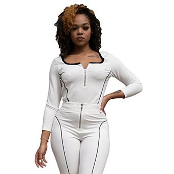 Coco Women's Square Zip Neck Ponte Knit Moto Top