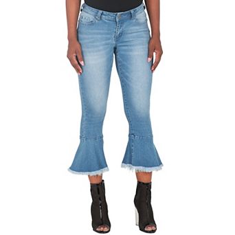Kesha Curvy Fit 5-Pocket Cropped Flare Frayed Ruffle Hem Jeans