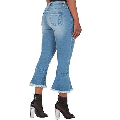 Kesha Curvy Fit 5-Pocket Cropped Flare Frayed Ruffle Hem Jeans