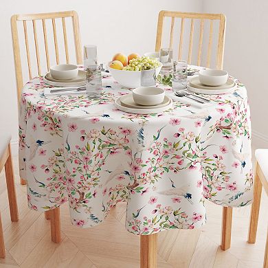 Round Tablecloth, 100% Polyester, 90" Round, Cranes & Pink Flowers