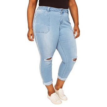 Tia Women's Plus Size Curvy Fit High Rise Utility Slim Fit Ripped Boyfriend Jeans