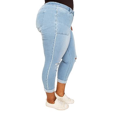 Tia Women's Plus Size Curvy Fit High Rise Utility Slim Fit Ripped Boyfriend Jeans