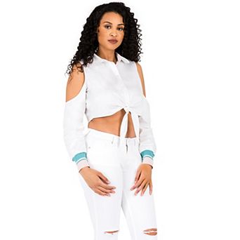 Prianca Poplin Tie Front Cold Shoulder Blouse