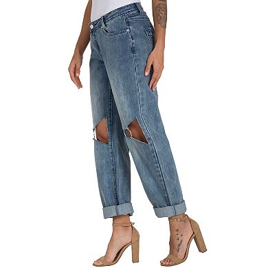 Zane Curvy Fit O-Ring Knee Cut-Out Boyfriend Jeans