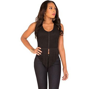 Karen Zip Up Camisoles Top With V-Shape Fringe