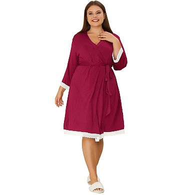 Women's Plus Size Nightgown Wrap Bathrobe Tie Belt Lace Trim 3/4 Sleeve Pajama