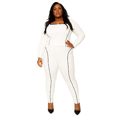 Plus Size Women's Curvy Fit Square Zip Neck Ponte Knit Moto Top