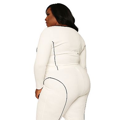 Plus Size Women's Curvy Fit Square Zip Neck Ponte Knit Moto Top