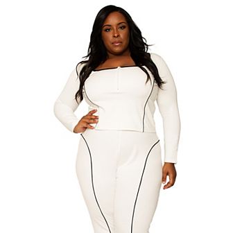 Plus Size Women's Curvy Fit Square Zip Neck Ponte Knit Moto Top