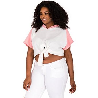 Plus Size Women's Curvy Fit Raglan Kimono Sleeve Colorblocked Tie-front Hoodie