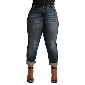 Plus Size Women's Curvy Fit Boyfriend Jeans In Hurricane Wash Bleach Spots And Rolled Cuffs
