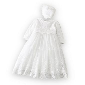 Baby Girls Lace Long-Sleeve Baptism Dress Christening Gown with Bonnet