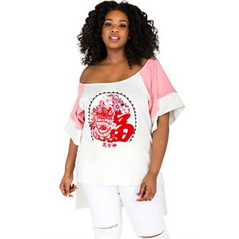 Plus Size Women's Curvy Fit High Low Screenprinted Boatneck Top
