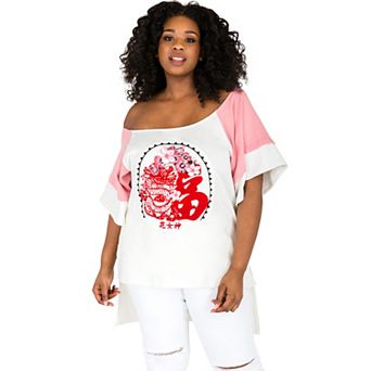 Plus Size Women's Curvy Fit High Low Screenprinted Boatneck Top