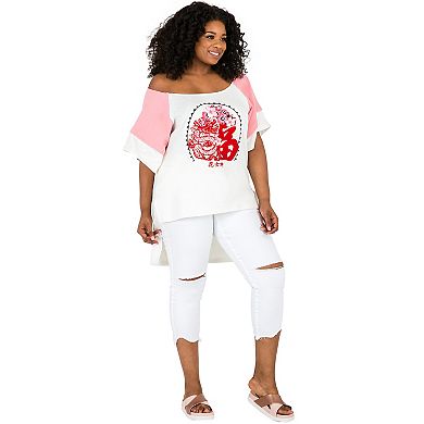 Plus Size Women's Curvy Fit High Low Screenprinted Boatneck Top