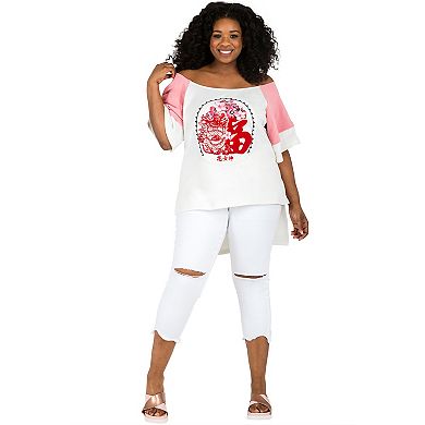 Plus Size Women's Curvy Fit High Low Screenprinted Boatneck Top