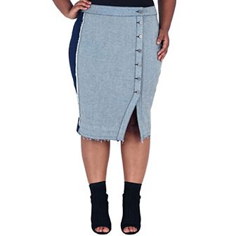 Plus Size Juliana High Waisted Button Front Two-Tone Denim Midi Skirt Frayed Hem