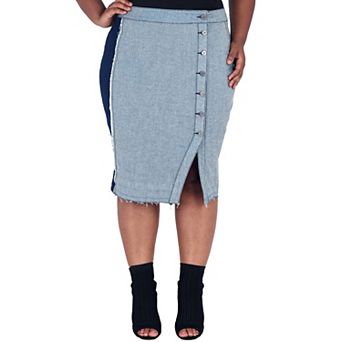 Plus Size Juliana High Waisted Button Front Two-Tone Denim Midi Skirt Frayed Hem