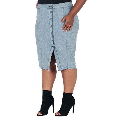 Plus Size Juliana High Waisted Button Front Two-Tone Denim Midi Skirt Frayed Hem